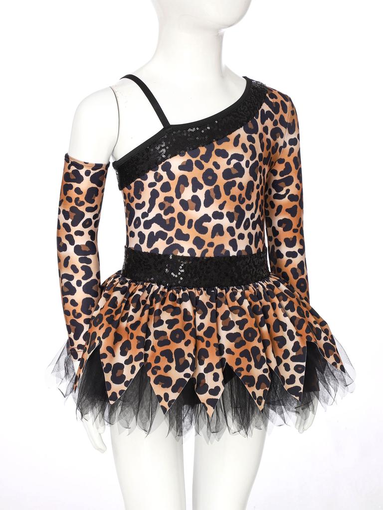 Girls Tribal Cosplay Costume Primitive Dress Sequins Details One Sleeve Design Puffy Silhouette Built In Briefs Dress Up
