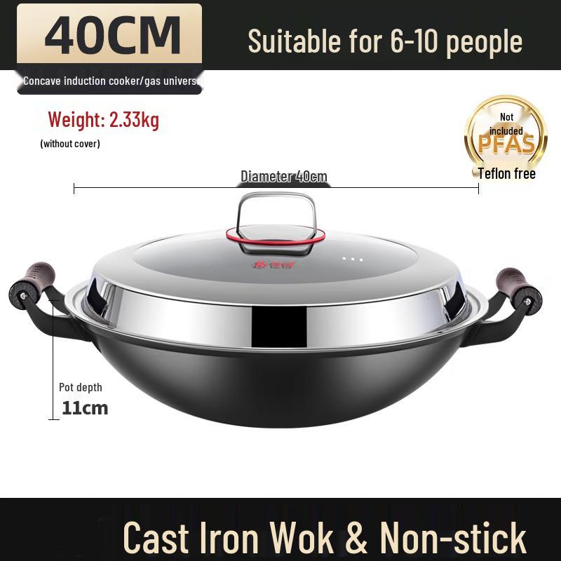 

ZISIZ Round Bottom Cast Iron Wok with Lid