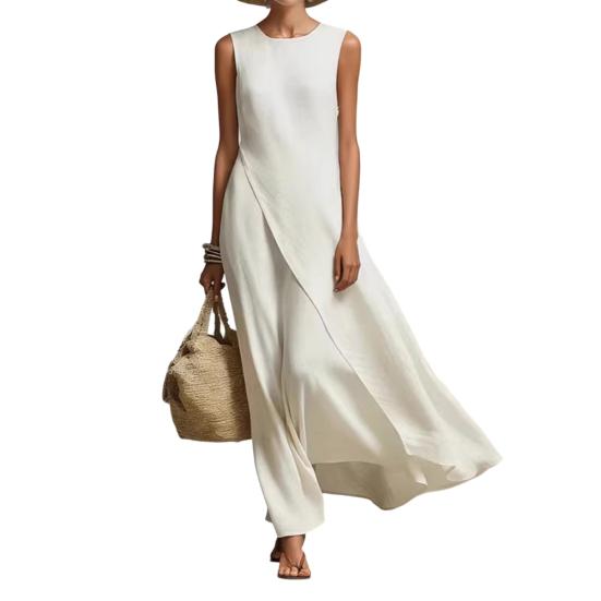 Women s Sleeveless Cotton Linen Dress Casual Irregular Hem Crew Neck XXXL бежевый