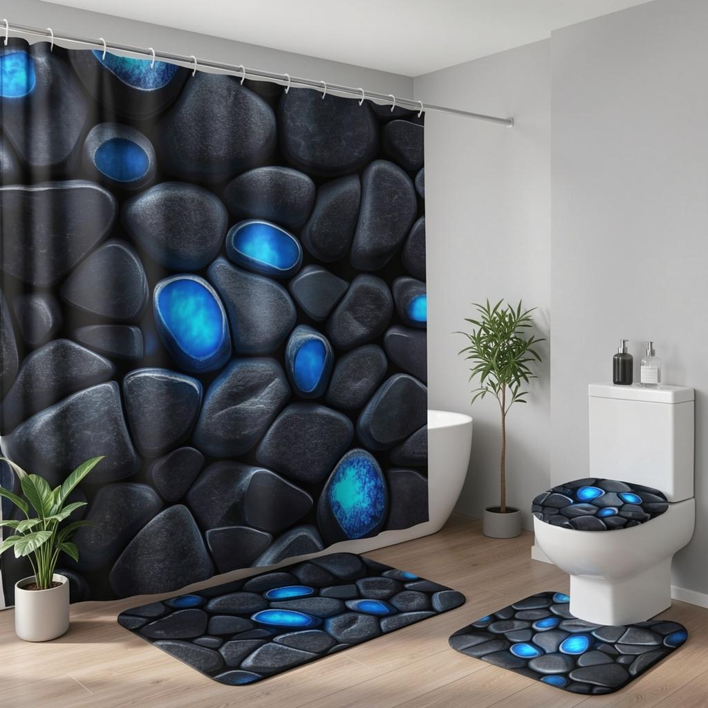 Conjunto de Cortina de Chuveiro de Arte Moderna com Tapete de Banheiro Antiderrapante, Capa para Tampa de Vaso Sanitário, Tapete Contornado e 12 Ganchos, Decoração de Banheiro