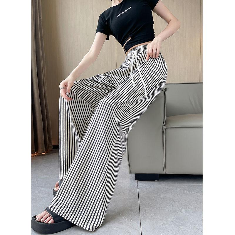 Summer New Fashion Simple Elastic High Waist Casual Wide Leg Pants Women's Print Stripes Patchwork Drawstring Straight Trousers