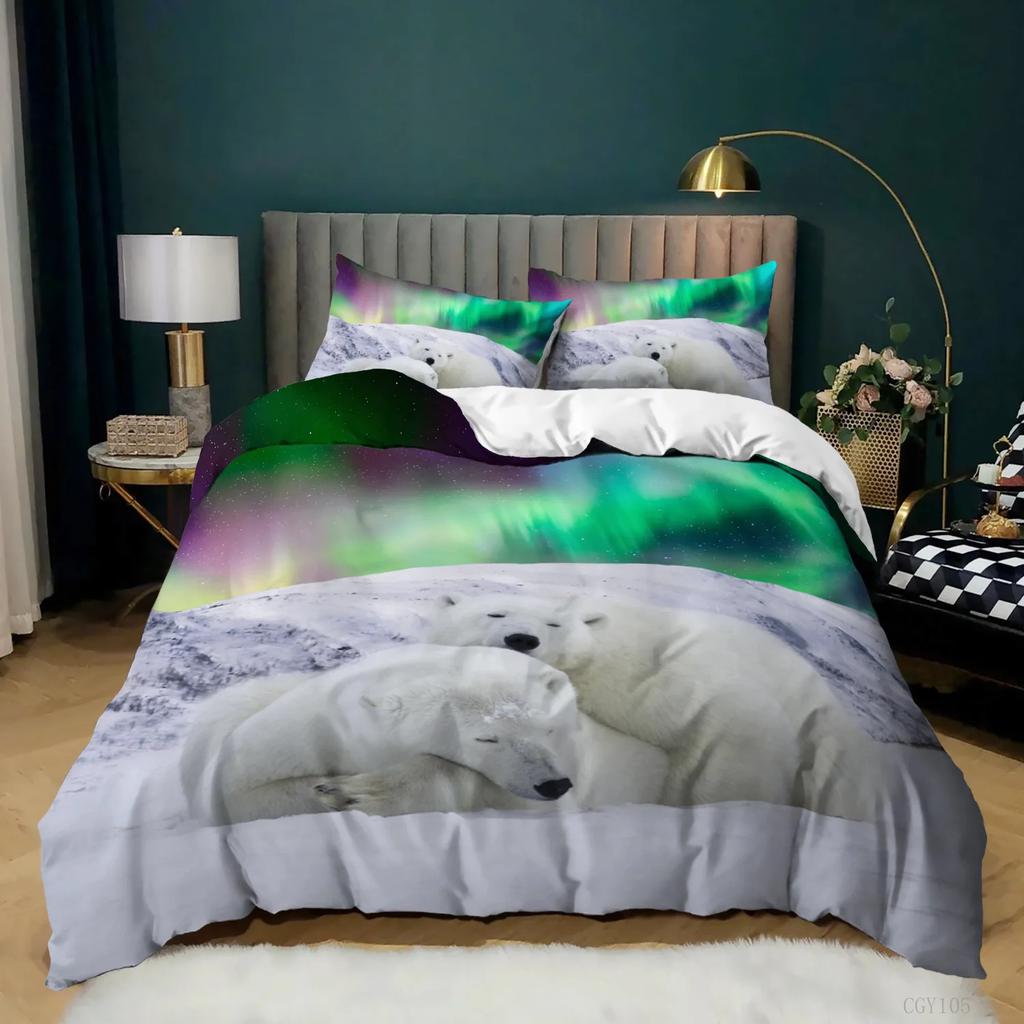 Aurora Borealis Duvet Cover King Queen Pale Weather Over The Hills with Waterfall Creek Nature Landscape Polyester Bedding Set
