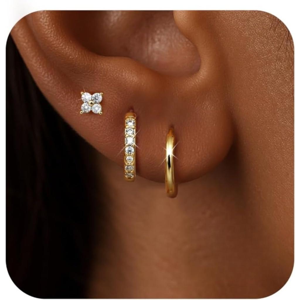 Bobisty 3Pcs Stainless Steel Earrings for Women Stud Hoop Earring Sets Hypoallergenic Cartilage Earring for Multiple Piercings