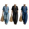 Women's Summer 2 Piece Denim Set Short Sleeve Lapel V Neck Top And Wide Leg Pants Tracksuit Casual Vacation Outfits with Pockets