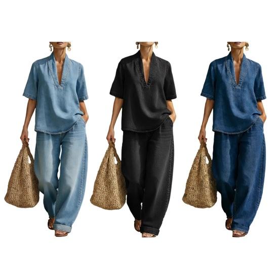 Women's Summer 2 Piece Denim Set Short Sleeve Lapel V Neck Top And Wide Leg Pants Tracksuit Casual Vacation Outfits with Pockets