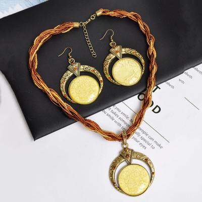 2Pcs/Set Bohemian Unique Carved Round Earrings Necklace Set Multilayer Beads Chain Pendant Necklace Hook Earrings Jewelry Accessories