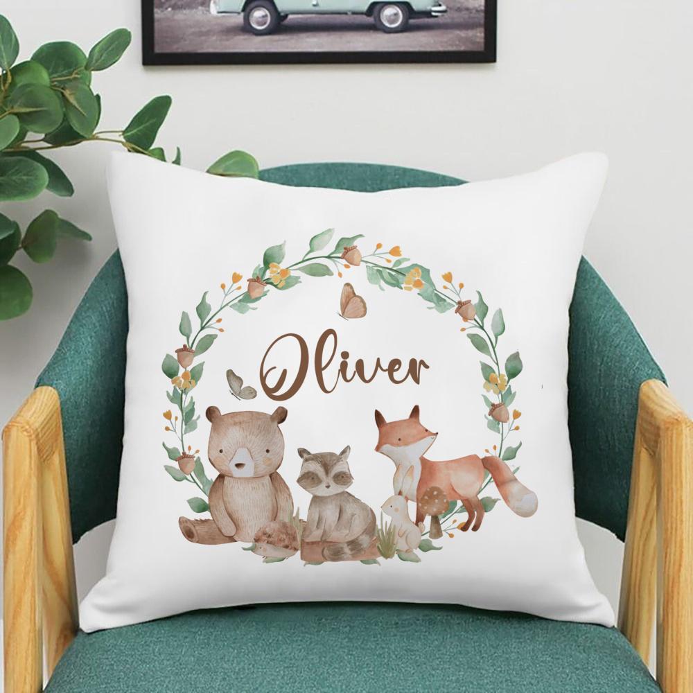 Personalised Woodland Animal Print Pillowcase Custom Name Cushion Cover Kid Birthday Jungle Party Decor Nursery Baby Shower Gift