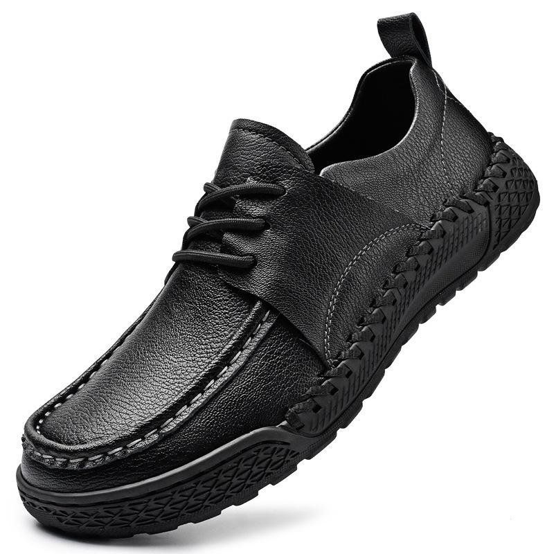 

Spring casual men s leather shoes fashion sewing line men s shoes large size low-top lace-up driving shoes 46 чорний