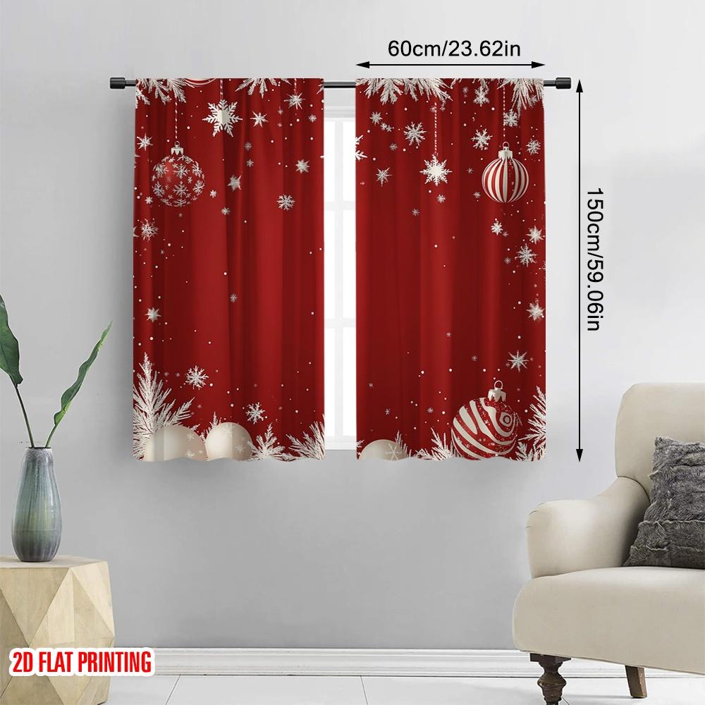 2pcs,2D Plane Printing Window Curtain Christmas Ornaments Snowflakes Festive Holiday Polyester Woven (without Rod) Festive