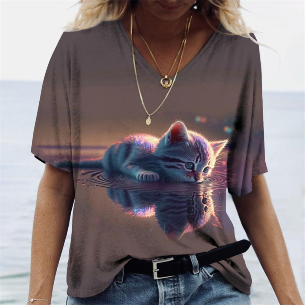 Yazlık Kadın Tişörtü AI Turuncu Kedi Baskılı Günlük Kısa Kollu 3d Tişörtler Moda Sokak Giyimi Bisiklet Yaka Kazak Kadın Giyim