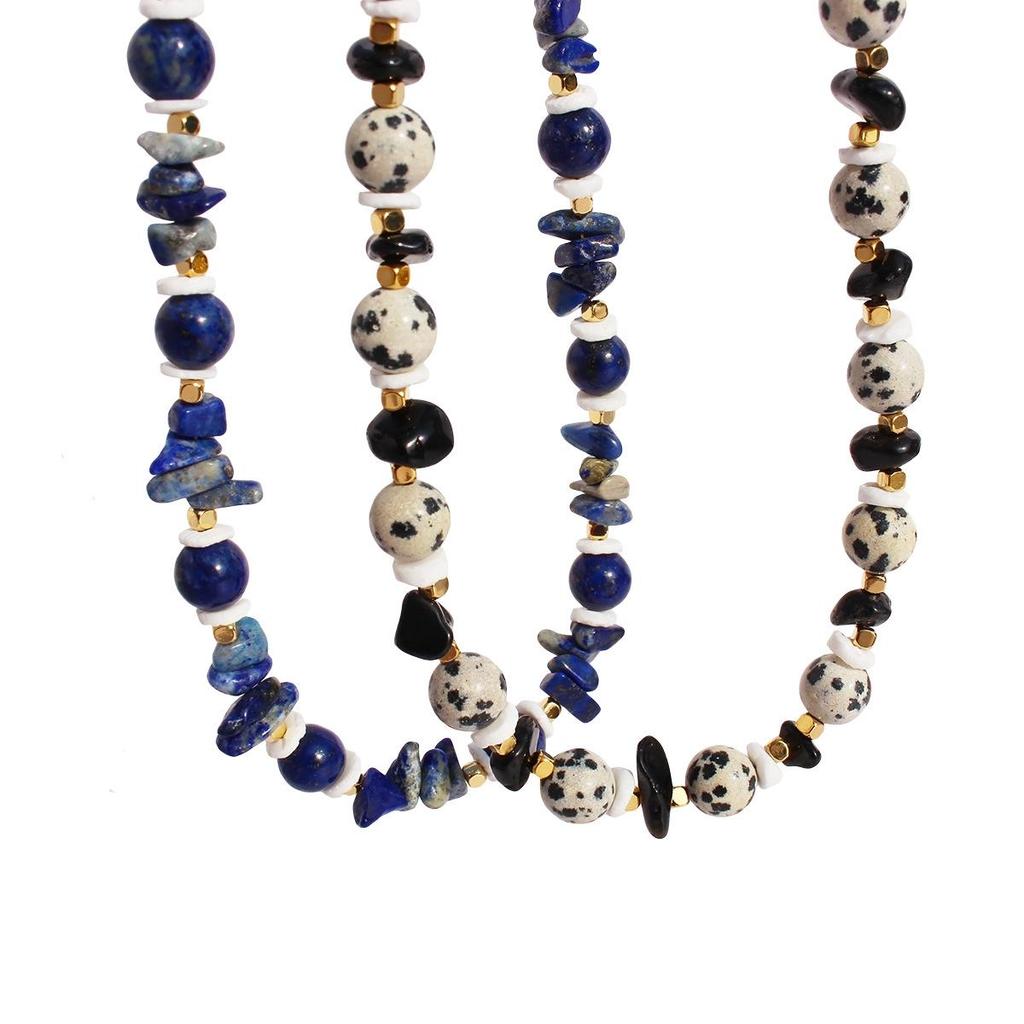 European-American Niche Design Lapis Lazuli Shell Beaded Necklace: Spotted Stone Round Bead Clavicle Chain, Vacation Style