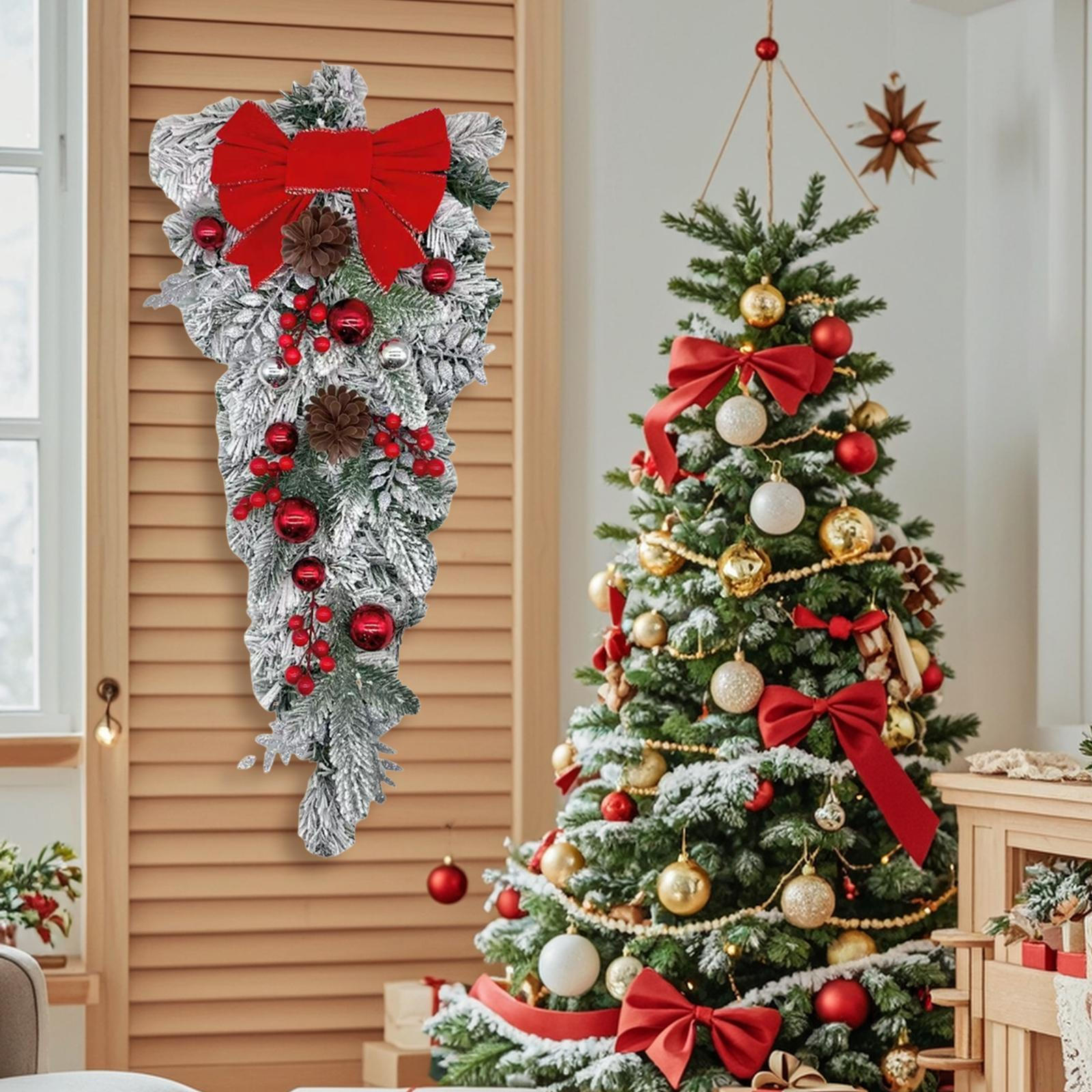 

Christmas Teardrop Bow Swag Flocked Wreath Artificial Snowy for Front Door Wedding Home червоний