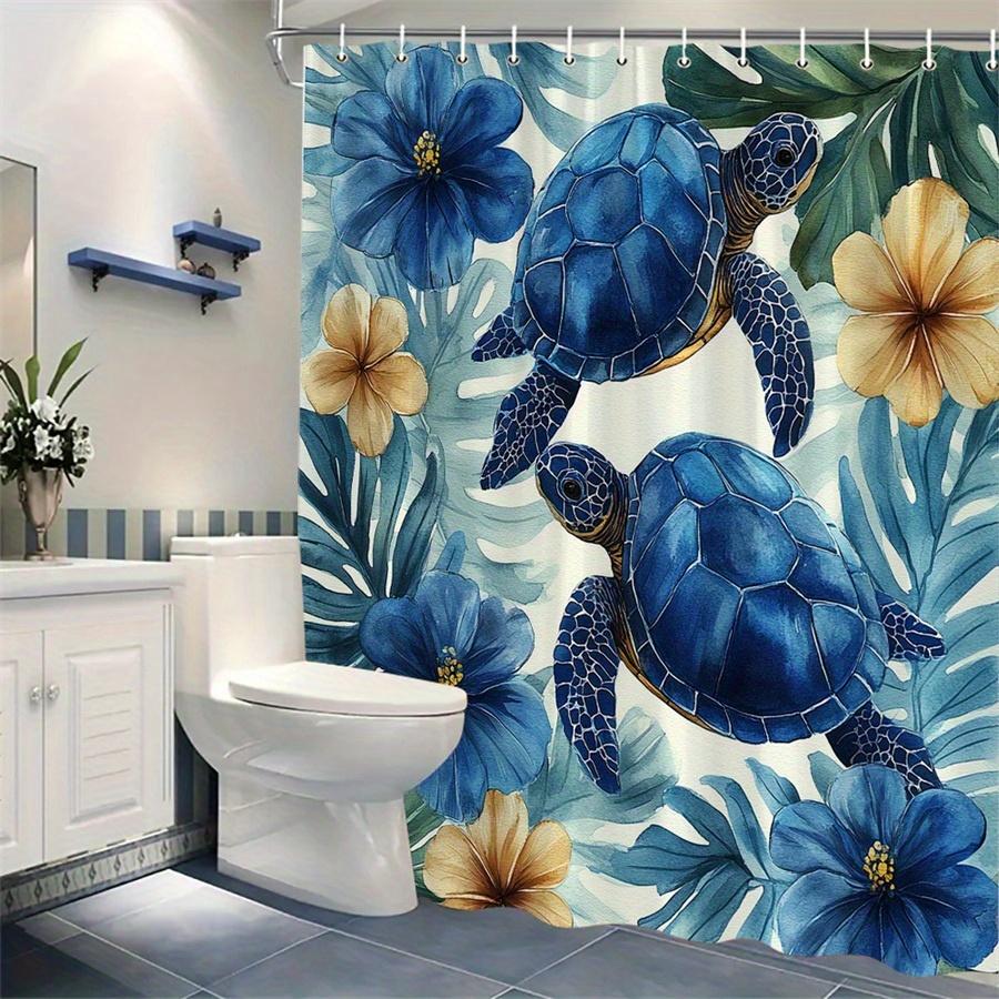 1Pc Blue Turtle And Hibiscus Shower Curtain - Polyester Fabric, Machine Washable, Suitable For Bathroom Decoration