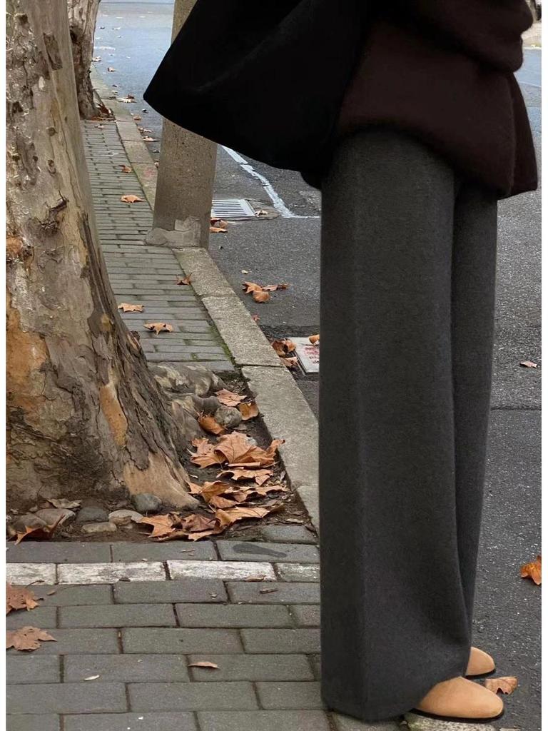 Women's Australian Wool Wide-Leg Trousers - Thick, Floor-Length, Cashmere Knit for Autumn/Winter