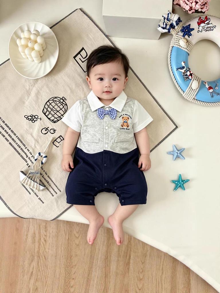 Summer Gentleman Short-Sleeve Baby Romper for Boys with Cute Bear, 100-Day Celebration