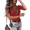 2026 New Spring/Summer Women's Zipper Ribbed Round Neck Short Sleeve Casual Simple T-Shirt Top