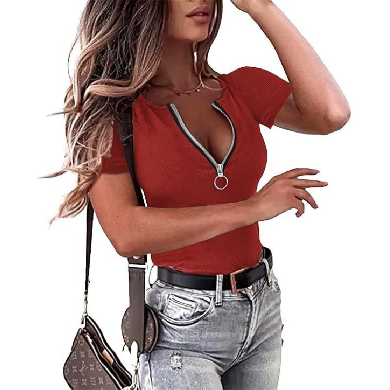 2026 New Spring/Summer Women's Zipper Ribbed Round Neck Short Sleeve Casual Simple T-Shirt Top