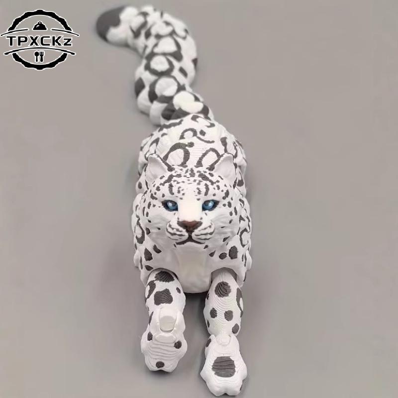 3D Printed Snow Leopard Model Simulation Multi-joint Movable Animals Figurine Miniatures Home Decoration