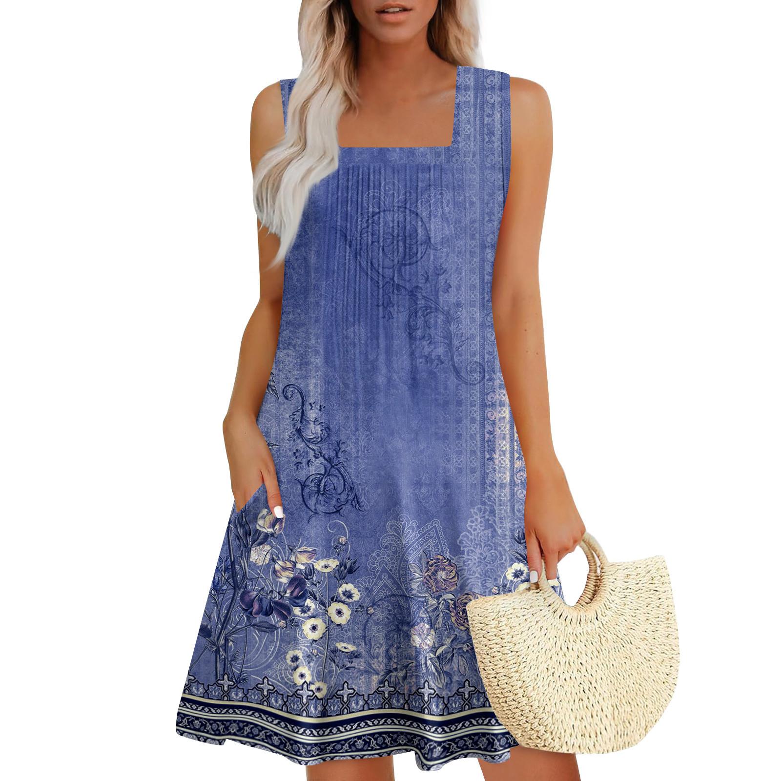 

Womens Summer Dresses Loose U Neck Sleeveless Sundresses Dress With Pockets L фіолетовий