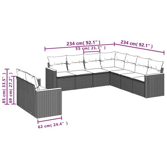 VidaXL Salon de Jardin avec Coussins 9 pcs, Canapés de Terrasse, Ensemble de Meubles de Patio, Mobilier d'Extérieur, Beige 3258503