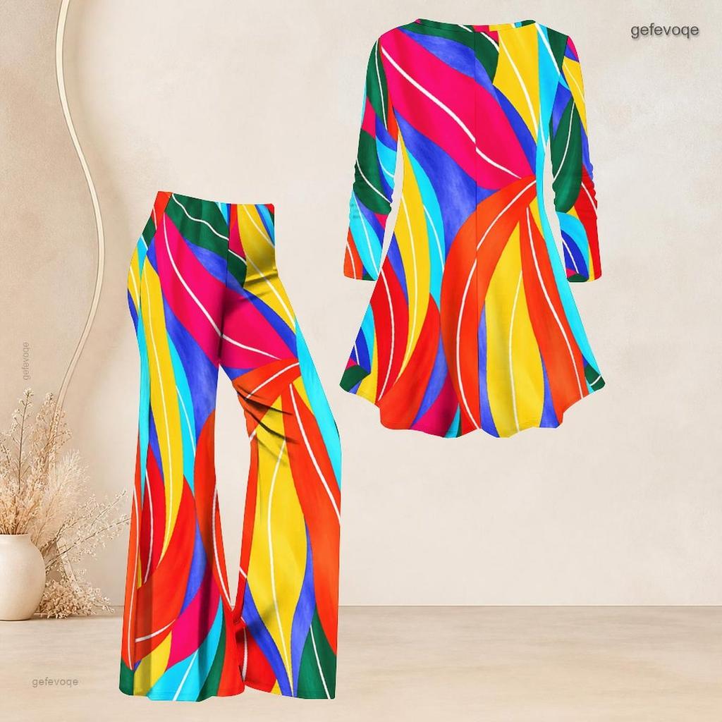 Women Plus Size White Navy Blue Printed V Neck Three Quarter Sleeve Flared Top Flared Pants Two Piece Set