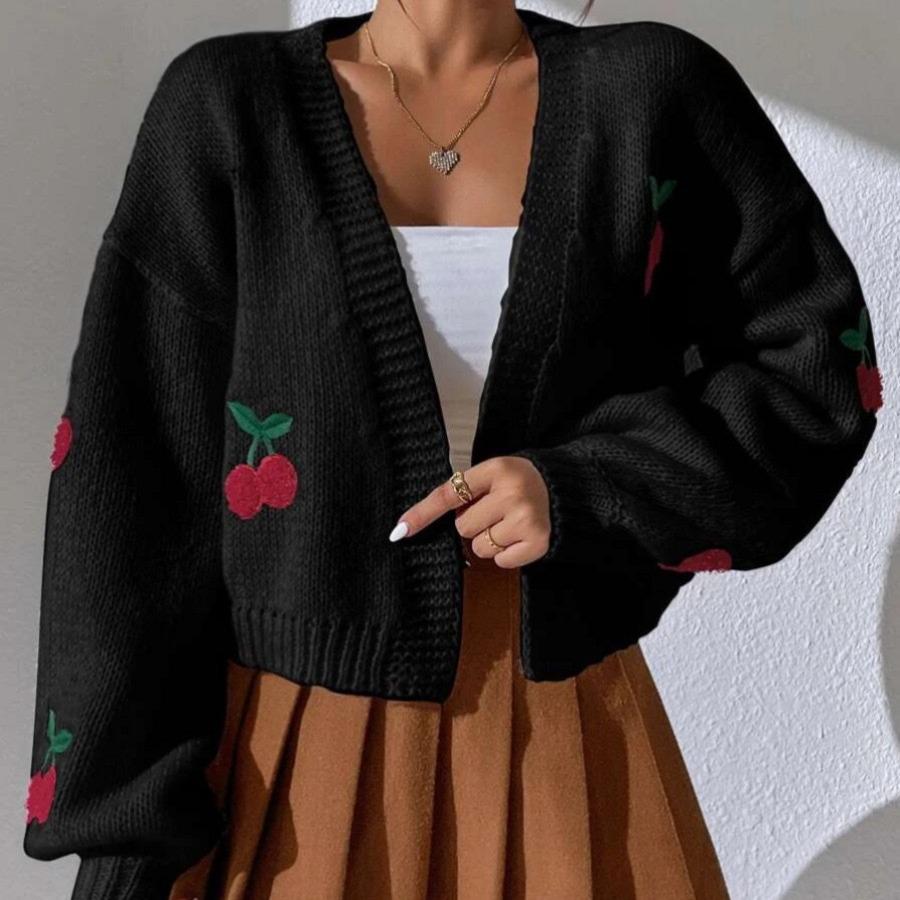 

Европейский и американский вязаный кардиган с вышивкой вишни - Повседневный, Свободный, Без пуговиц, Женский свитер на осень/зиму. Medium чёрный