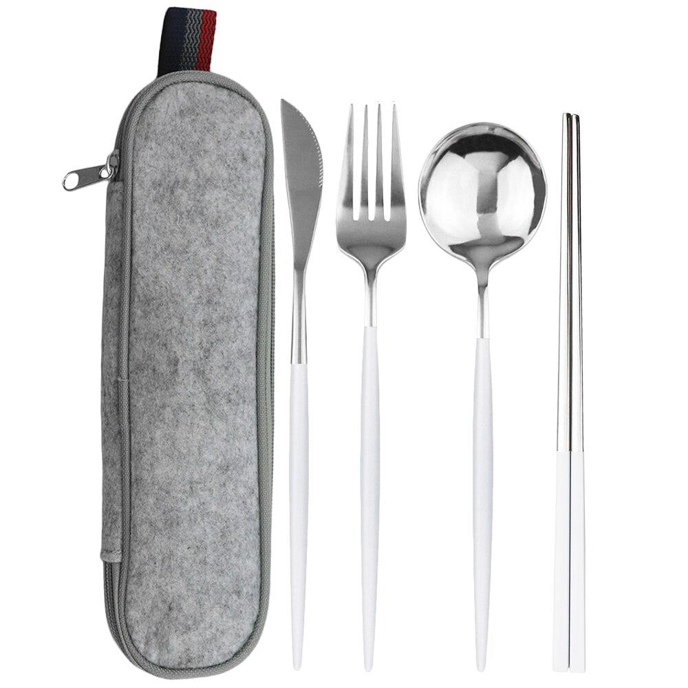 

Портативний туристичний набір шкідливих програм із нержавіючої сталі. Набір столових приборів. Ніж. Виделка. Ложка. Палички з сумкою. Набір столового посуду. білий/срібний