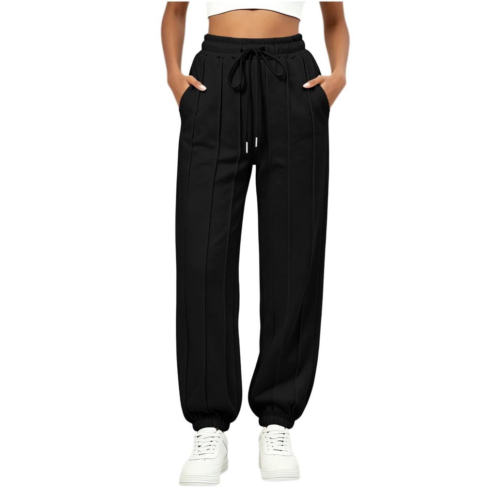 Women's Casual Color Loose Fit Drawstring Pants with Pockets and Tapered Cuffed Hem