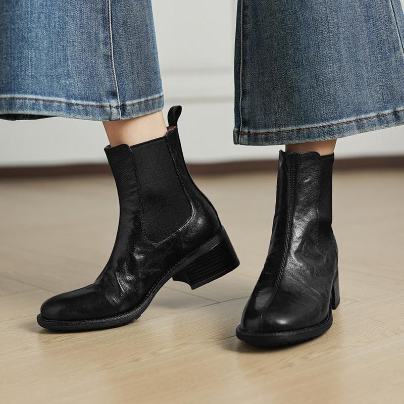 Fashion NEW Autumn Women Boots Genuine Leather Shoes for Women Round Toe Chunky Heel Shoes Slip-on Chelsea Boots Handmade Daily Shoes