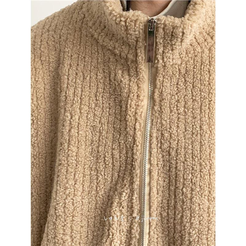 Winter Japanese Style Stand Collar Fleece Puffer Jacket Loose Fit Casual Warm Coat Teens