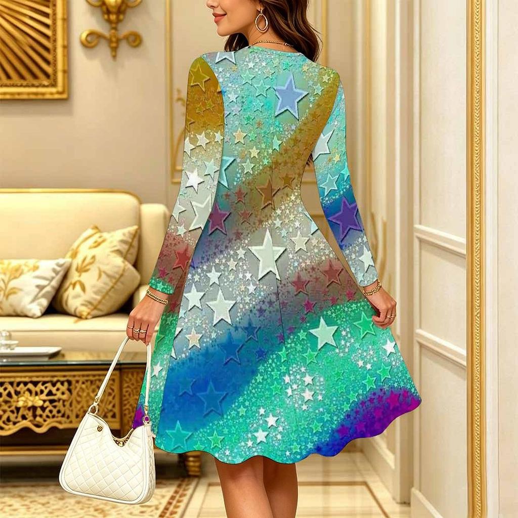 Women Long Sleeve Round Neck Midi Dress Vintage Watercolor Plum Blossom Branch Stripe Print Flared Casual Dress