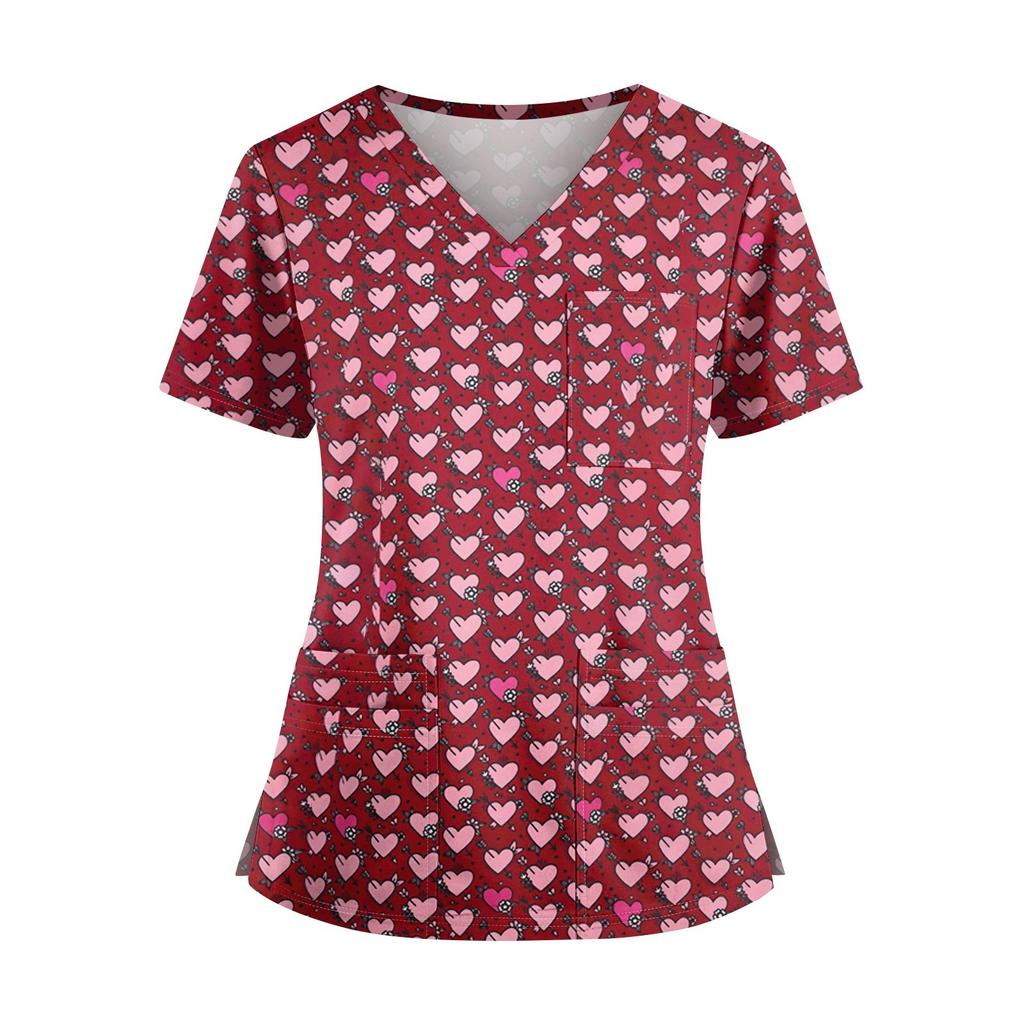 Velká velikost Potištěná srubová pracovní uniforma pro ženy s překříženým výstřihem do V Halloween potisk Zábavná trička s krátkým rukávem Pracovní oblečení Tričko s kapsami