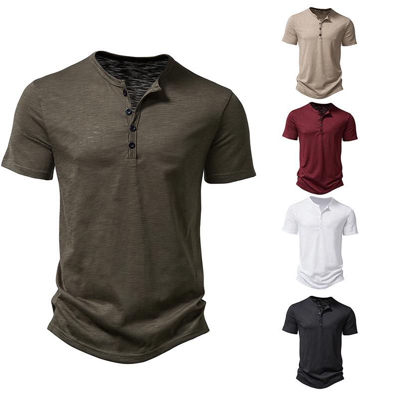 T-shirt da uomo in cotone di bambù con colletto Henley a maniche corte, taglie forti, moda casual europea