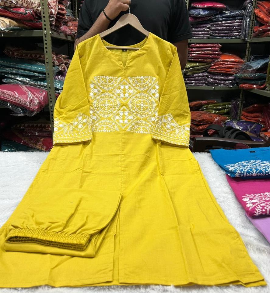 Women Designer Embroidered Kurta Pant Set Indian Bollywood Top Tunic Cotton Kurti Salwar Suit