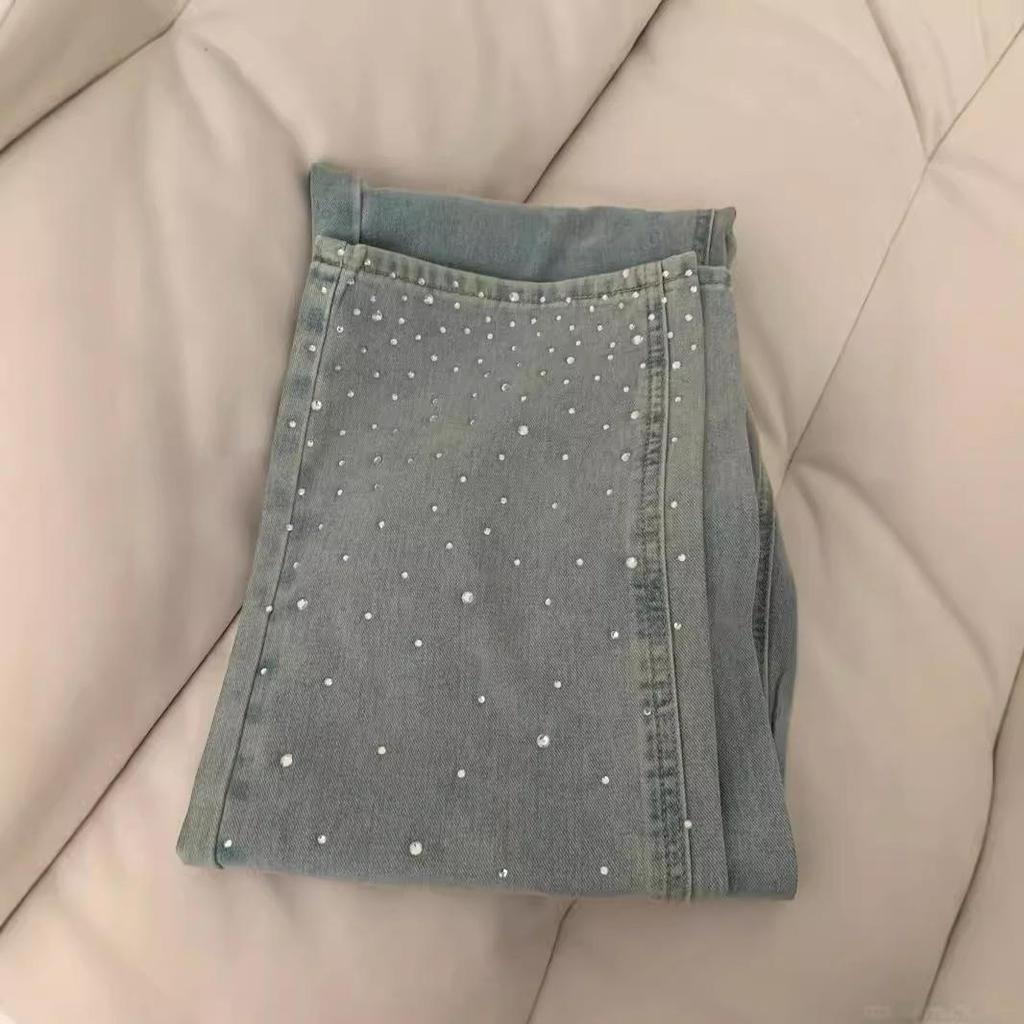 Autumn High Waist Light Straight Jeans for Women - Plus Size, Slim Loose Fit, Wide Leg with Hot Diamond Design