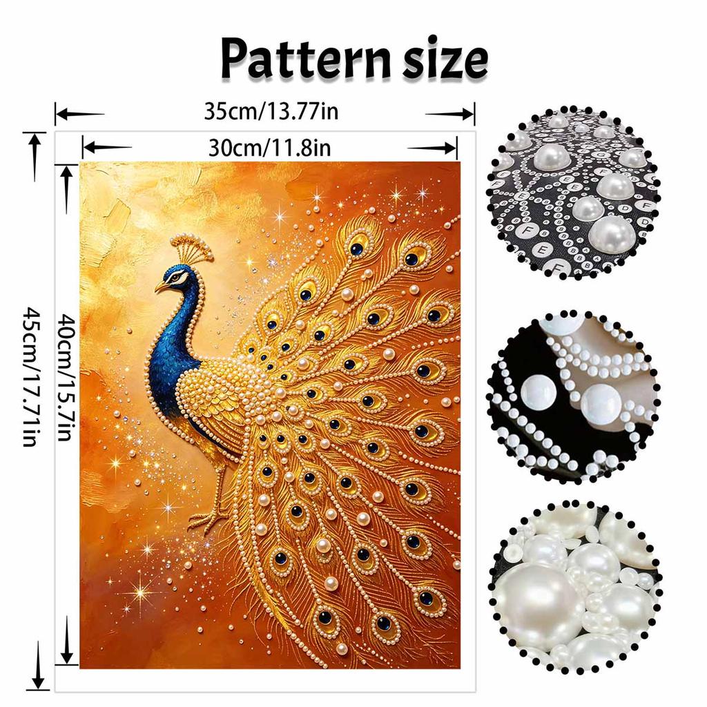 This Golden Peacock Pearl Painting Kit Features 5D Pearls and a Mosaic Art Style. Designed for Elegant Home Wall Decoration.