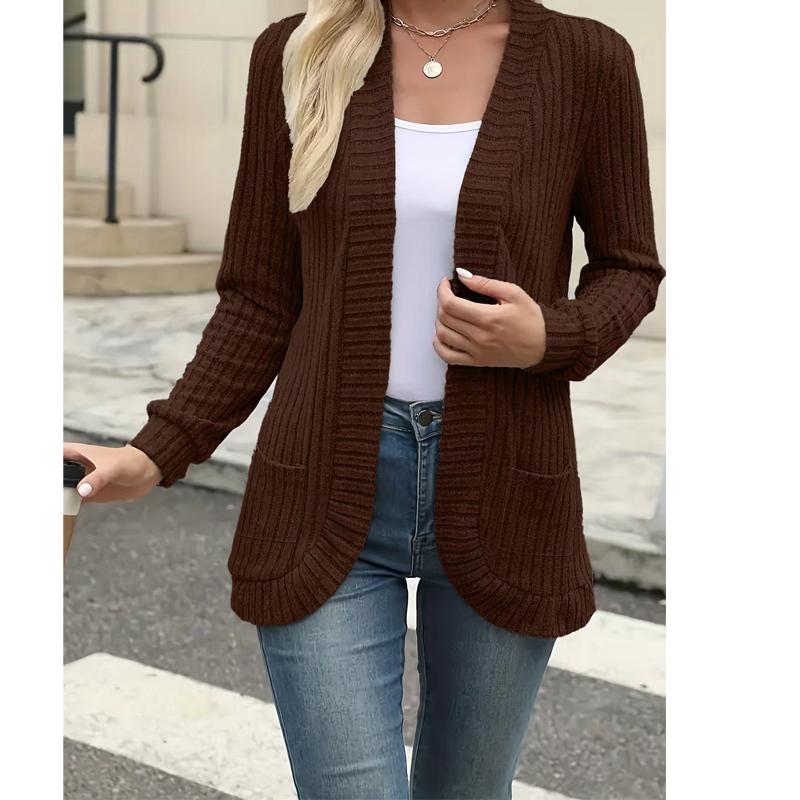 Frühlings- und Herbstmode Damen Einfarbig Lässige Rippstrick Gebürstete Strickjacke