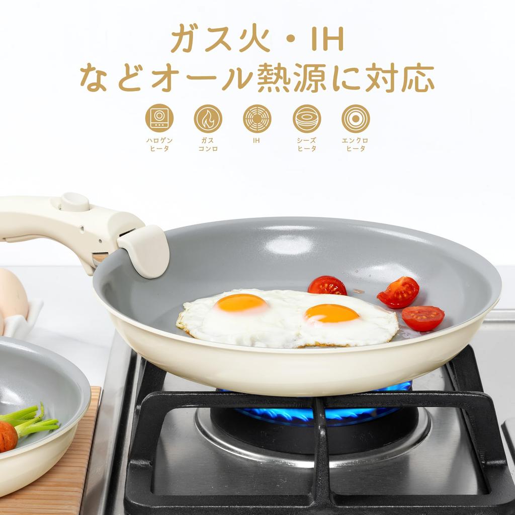 MICHELANGELO Frying Pan Set (20cm, 24cm, 28cm) - Induction and Gas Stove Compatible - Ceramic Coating - Detachable Handle - Lightweight - Durable