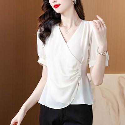 New Summer Small-flavored Beaded Short V-neck Short-sleeved Chiffon Shirt for Women