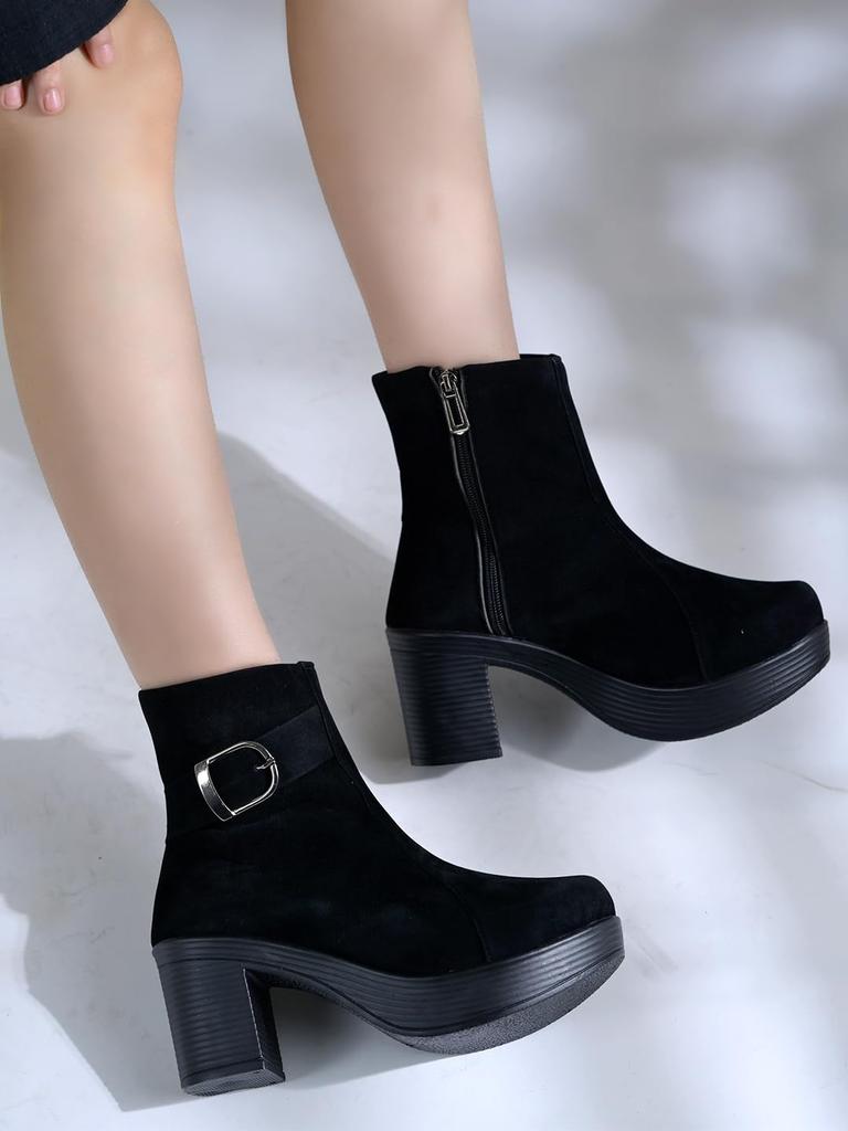 Shoetopia Damen Chunky Heel Kurze Stiefeletten mit rutschfester Sohle, Bequeme Trendige Knöchelboots | Weiche Gepolsterte Sohle | Lässig, Party & Winter