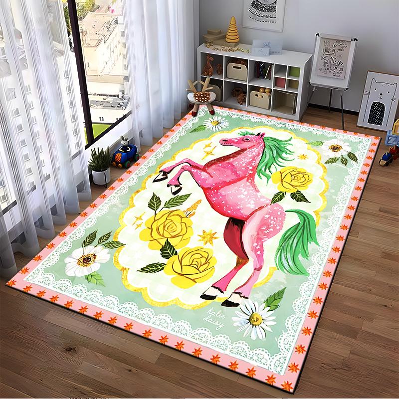 Pink Horse and Yellow Roses Printed Carpet with Floral Green Border Suitable for Use As an Anti-slip for Living Room Bedroom Sofas