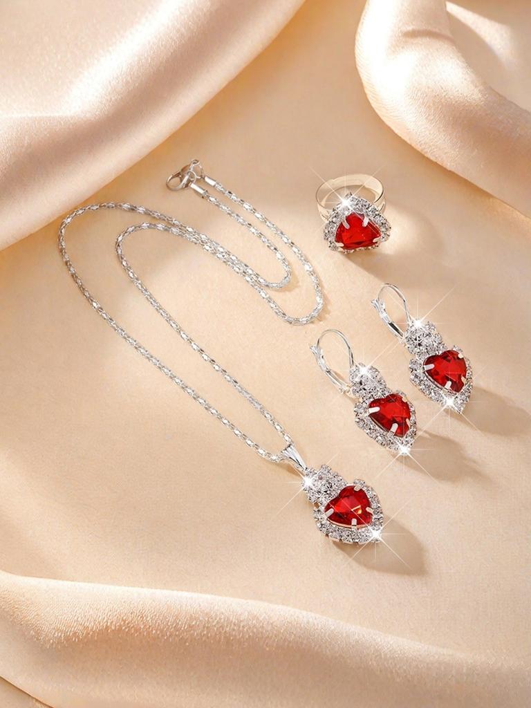 4 st Zirkon Set för Kvinnor, Mode Casual Dam Armband med Hjärtdesign, Halsband, Örhängen, Zirkon Set, Lämpligt för Dagligt Bruk,