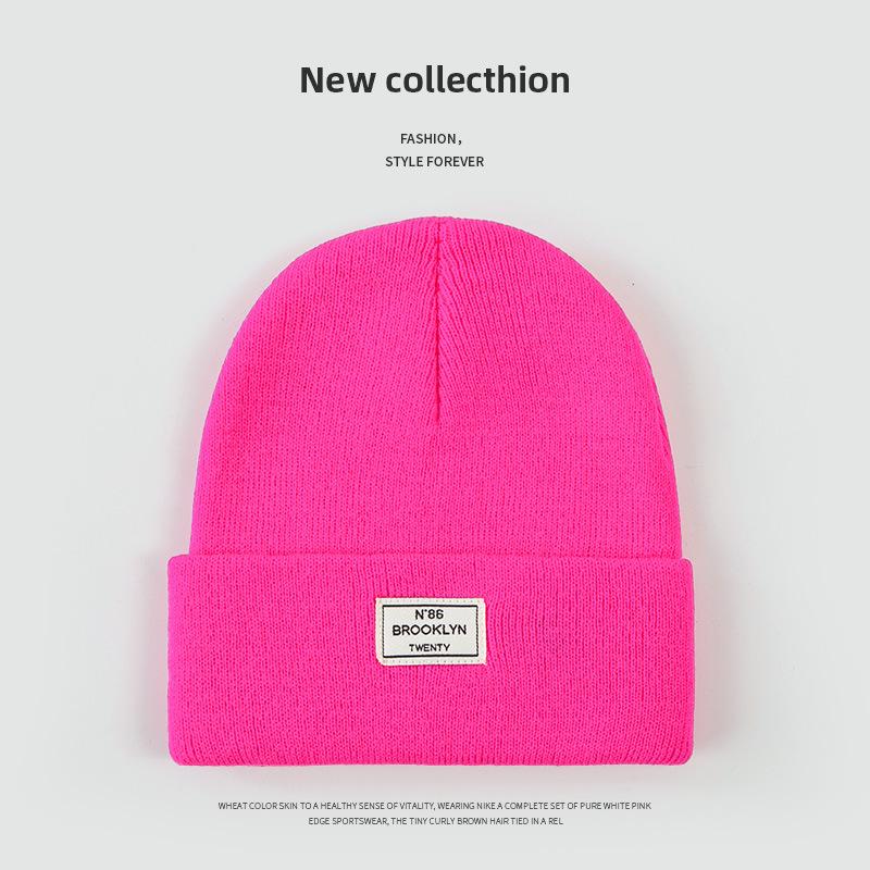 Autumn and Winter Knitted Hat Niche Personality Fashion Melon Rind Wool Hat Warm Protection Amount Simple Letter Cloth Label Cold Hat