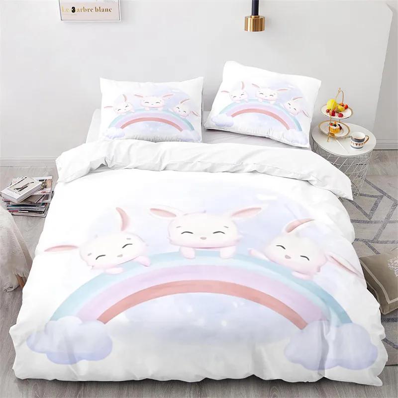 Copripiumino Animali Cartoni Animati Simpatico Set Letto Coniglio Arcobaleno Microfibra Fauna Selvatica Copripiumino Misura Singola Per Bambine Bambini Stanza Kawaii