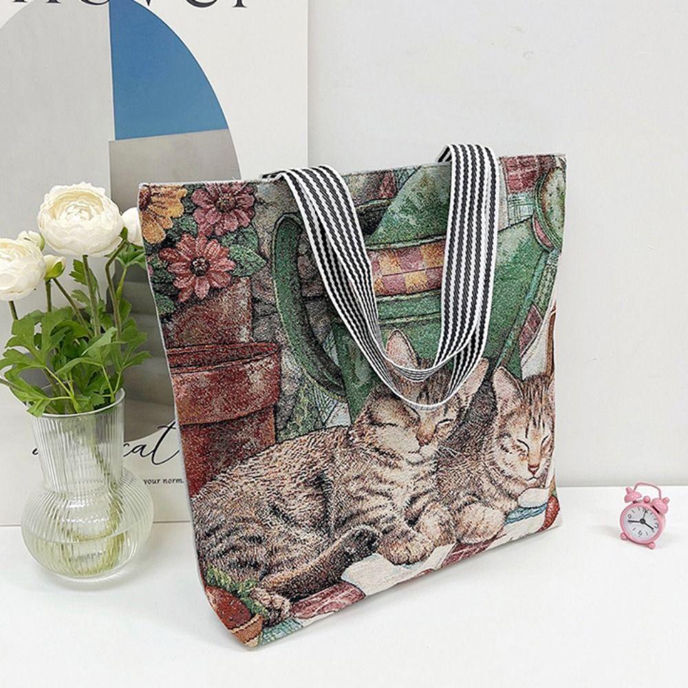 Dog Ethnic Style Handbag Embroidery Animal Shoulder Bag Vintage Cute Cat Cloth Bag  Students