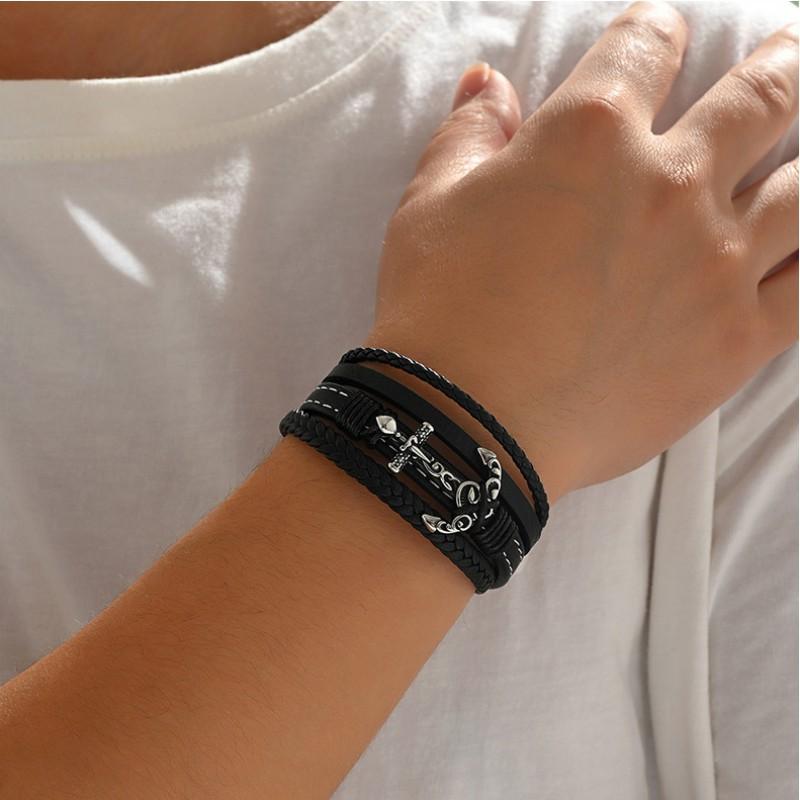 Personalized Fashion Retro Leather Stainless Steel Bracelet Multi Layer Braided Rope Black Series Men's