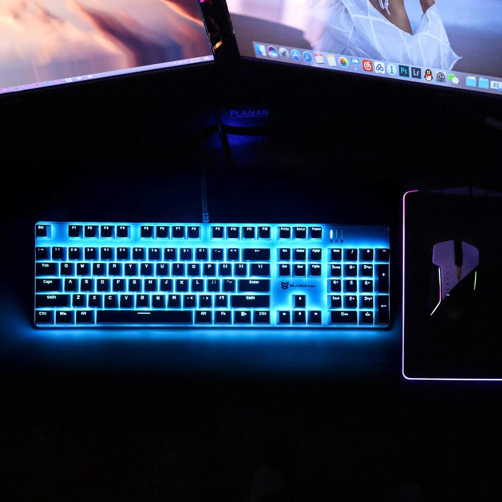 Merdia Mechanical Gaming Keyboard, Full 104 Keyboard, US Layout, USB Wired Keyboard with LED Backlight (Brown Switches - White)