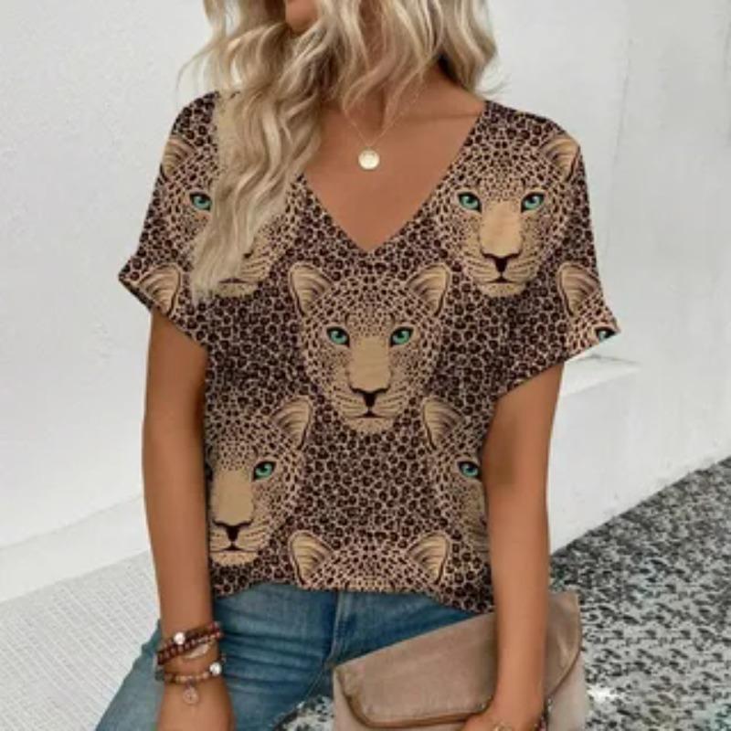 Summer V-neck 3D Leopard Print Pattern Printed Top Fashionable Casual Short Sleeved Women's T-shirts