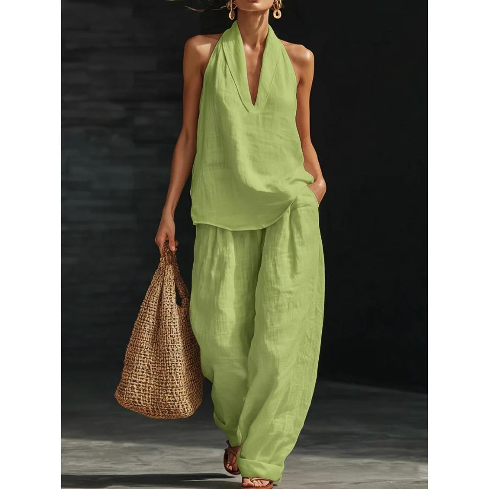 Damen Lässiges V-Ausschnitt Kurzarm Top & Weite Hosen Zweiteiliges Set, Lockeres Entspanntes Outfit für den Sommer