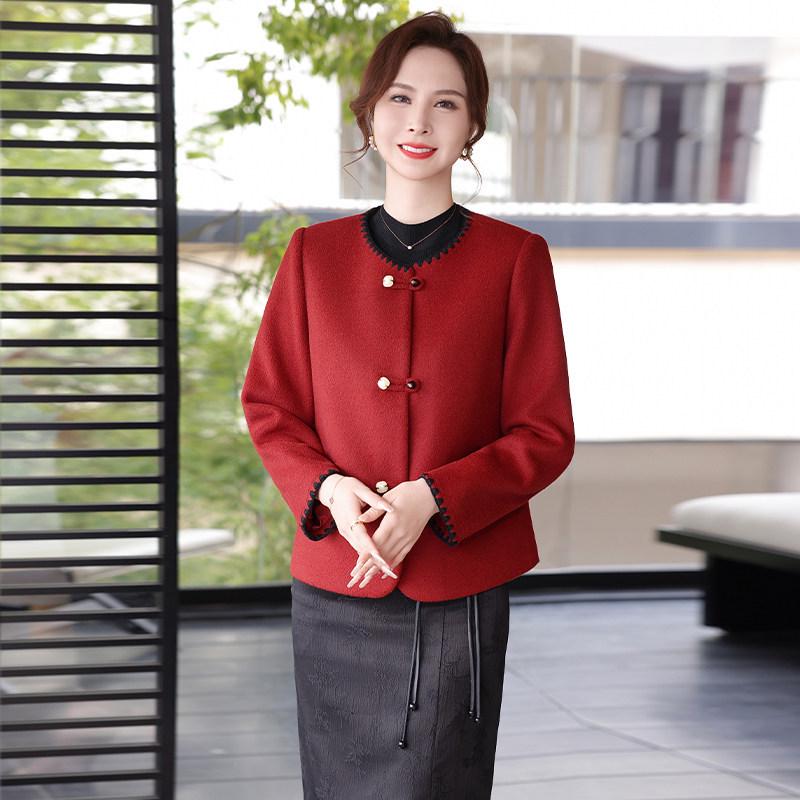 

Mom s 2026 New Spring Elegant Wool Coat - Stylish Round Neck Color Block for Middle-aged & Elderly Women 2XL, 120-135 jin
